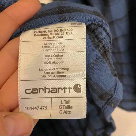 Carhartt Long sleeve button down plaid cotton shirt blue mens Large tall LT - Picture 6 of 12